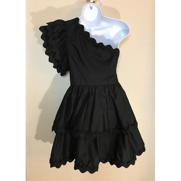 Entro Black One Shoulder Scallop Tiered Mini Dress Romper S Party Fit and Flare - Picture 6 of 13